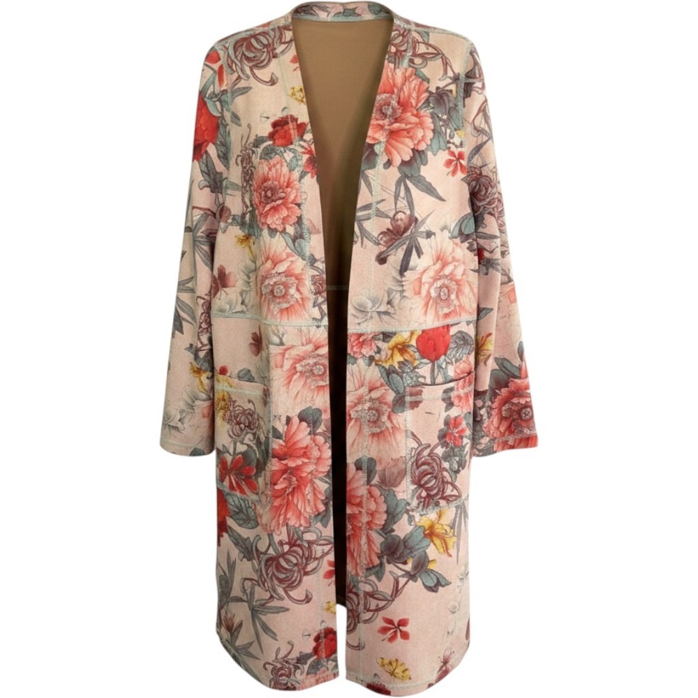 NWT Solitaire Floral Faux Suede Open Front Cardigan L Jacket Tan Pink Trendy